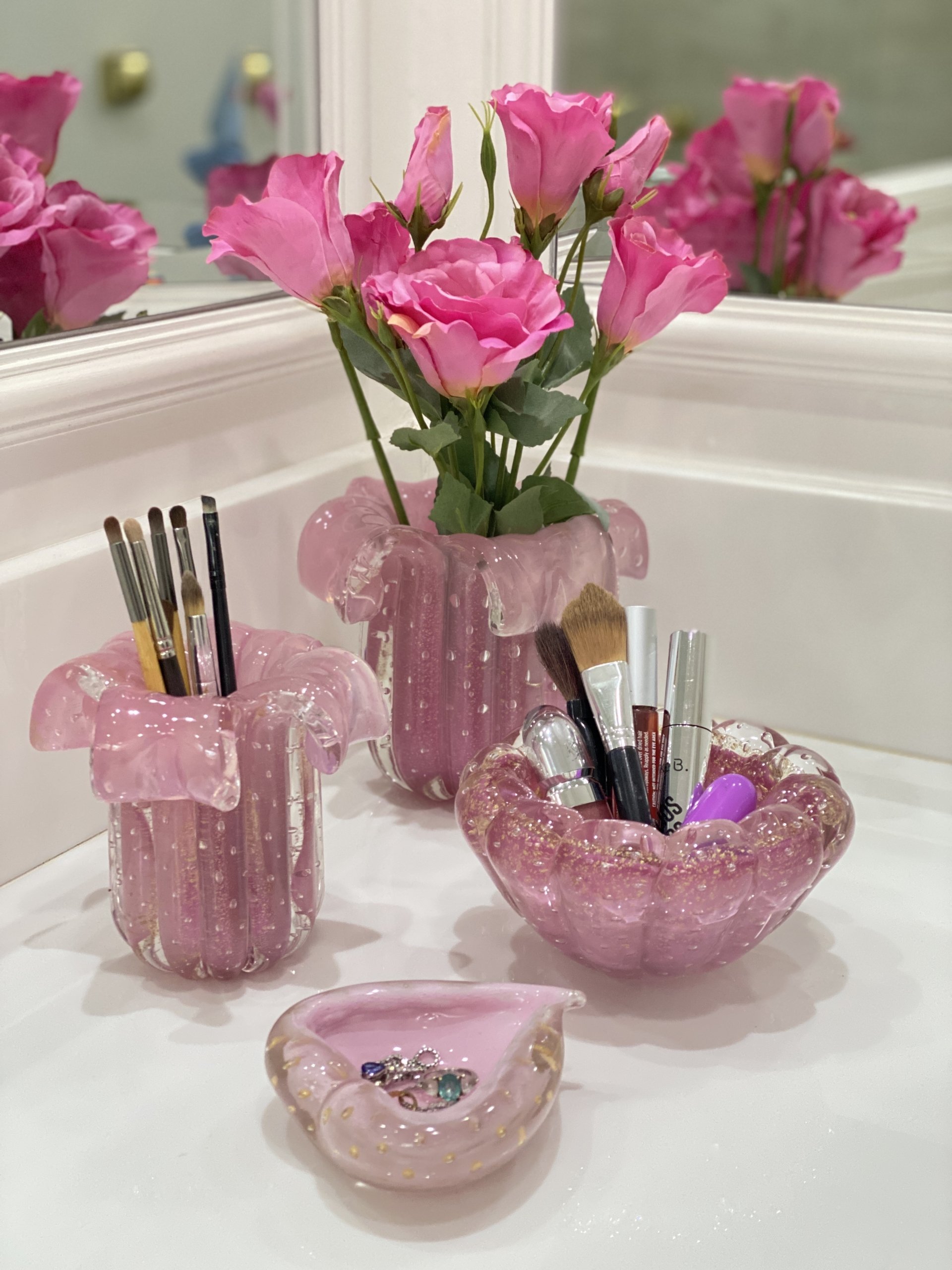 Centro murano coração rosa claro com ouro