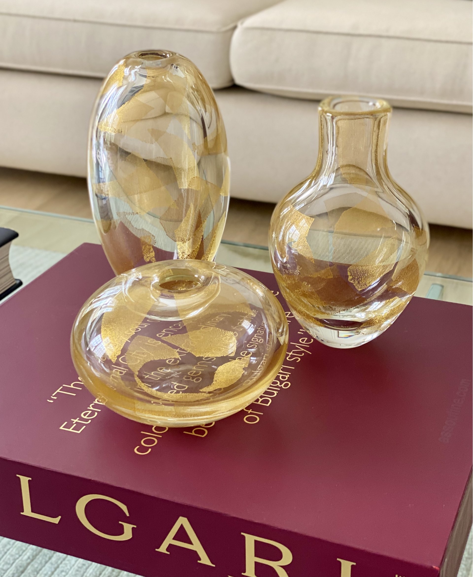 Vaso murano pezzi oval transparente com ouro