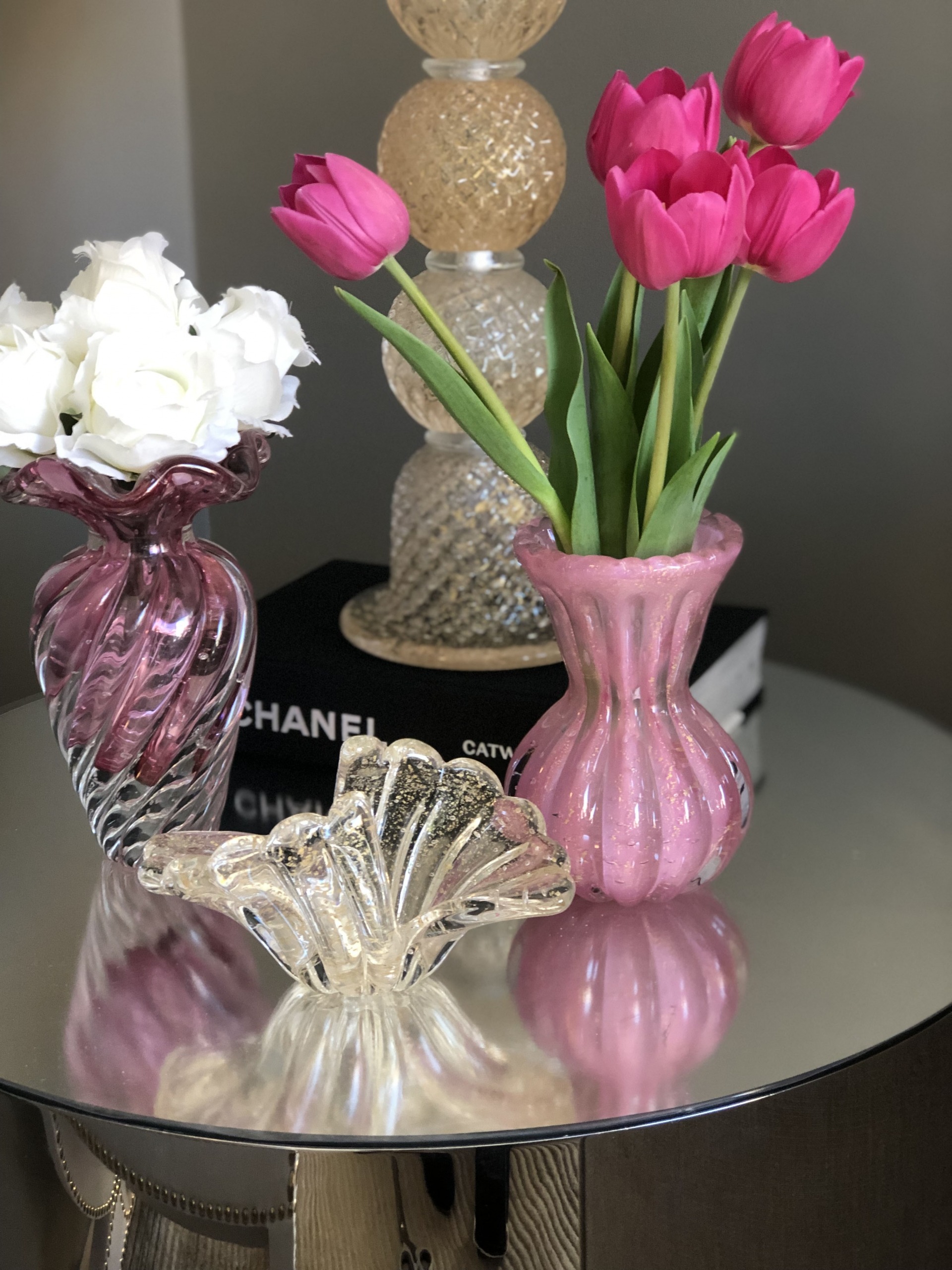 Vaso murano tulipa P rosa chiclete com ouro