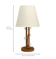Abajur madeira natural bolas brancas cúpula off white