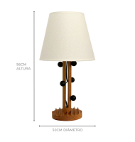 Abajur madeira natural bolas pretas cúpula off white