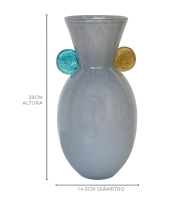 Vaso vidro cinza baixo detalhe azul e âmbar 