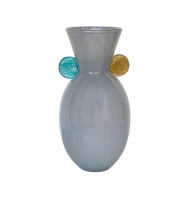 Vaso vidro cinza baixo detalhe azul e âmbar  Vaso vidro cinza baixo detalhe azul e âmbar