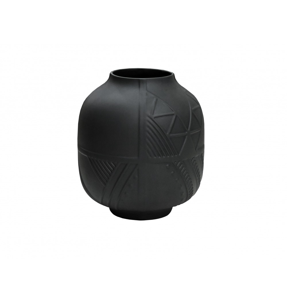 Vaso cerâmica preto fosco com relevo 