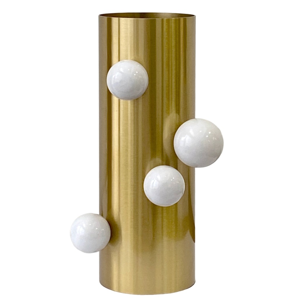 Vaso metal dourado bolas brancas 