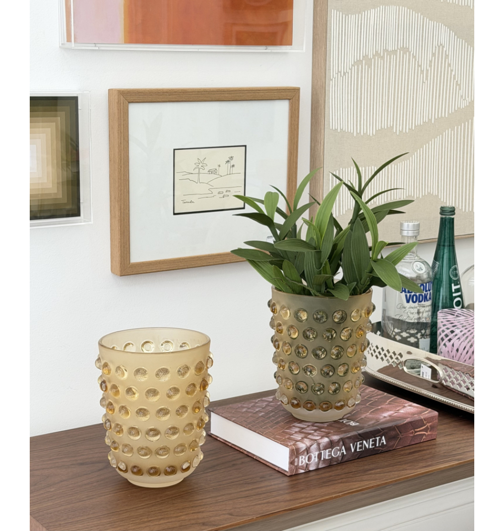 Vaso vidro jateado âmbar bolas relevo 