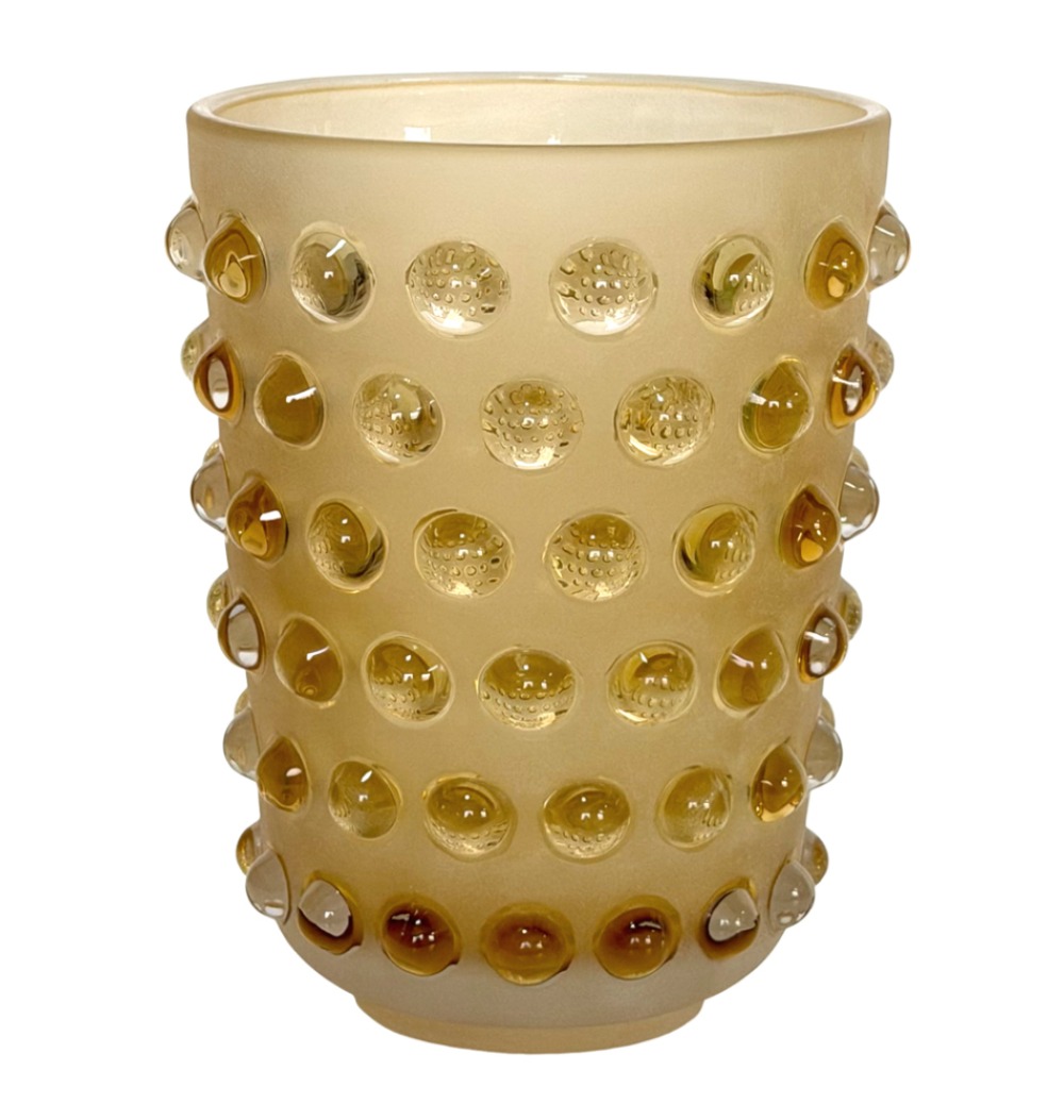 Vaso vidro jateado âmbar bolas relevo 