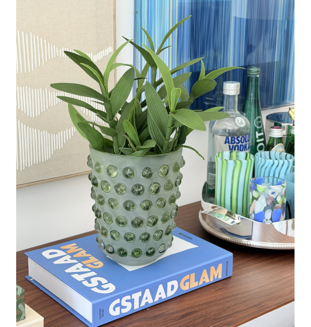 Vaso vidro jateado verde bolas relevo 