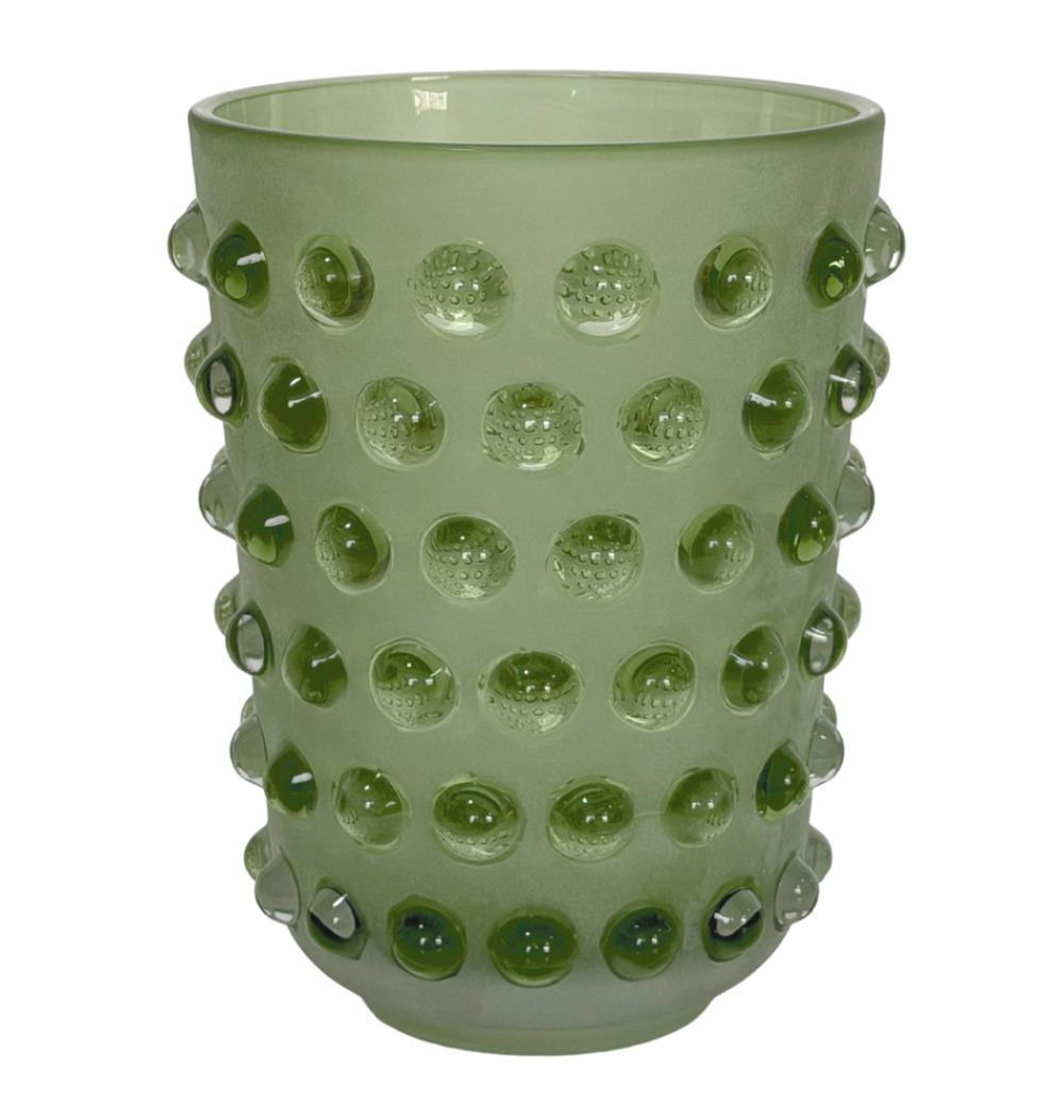 Vaso vidro jateado verde bolas relevo 